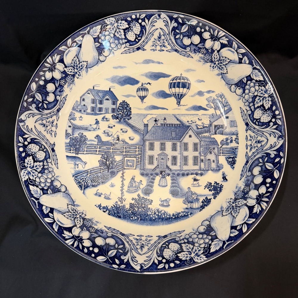 Vintage Sanyei Japan Marushin Art Pacific Ocean Blue White Transferware 14" Bowl